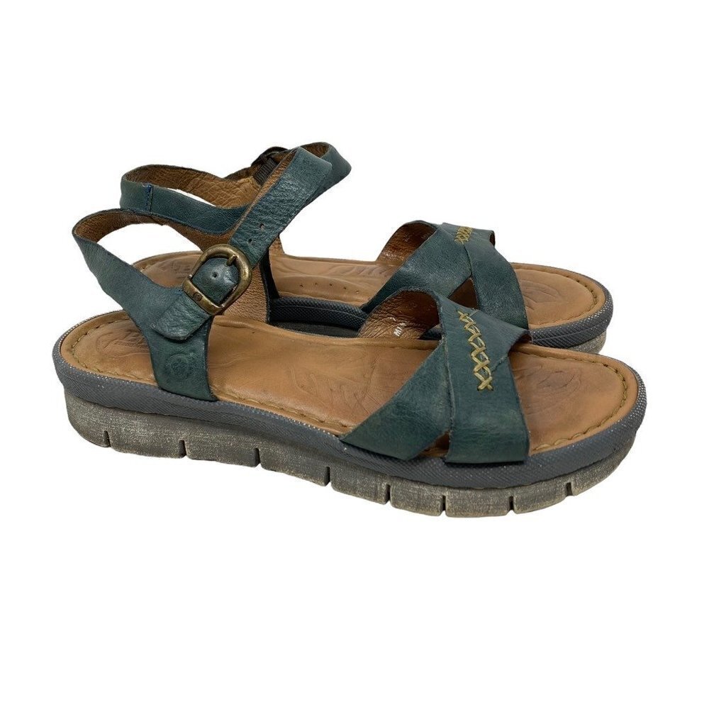 Born Womens Halona Ankle Strap Sandals Blue Brown Leather Buckle Embroidered 7 M